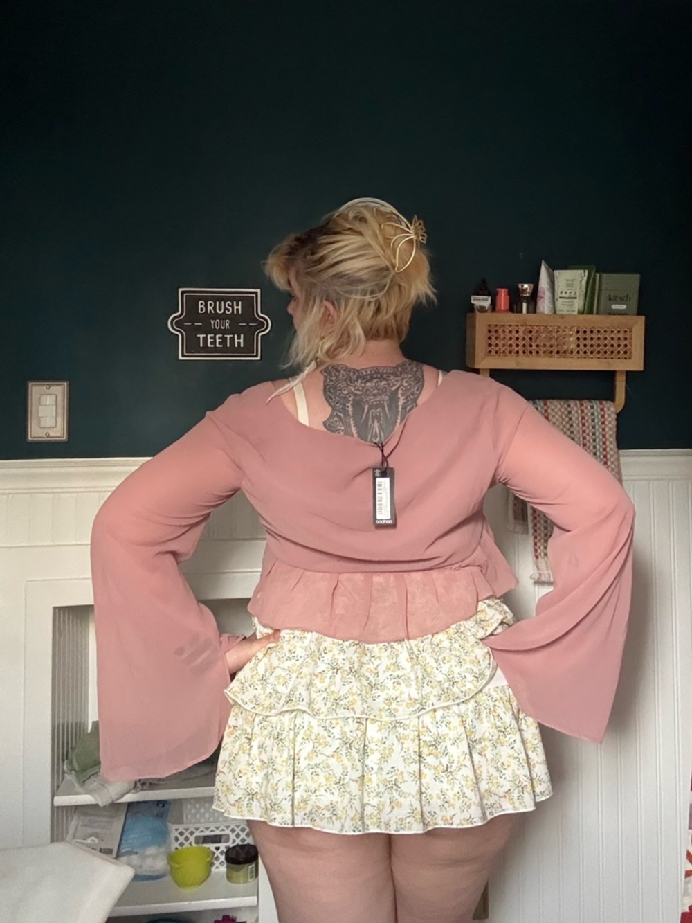 Boohoo Chiffon Ruffle Crop Top Pink Long Flared Sleeve Shirt Plus 18